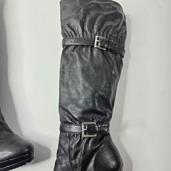 Michael Kors Stiletto High Heel Platform Boots Size 7.5 Black Leather Knee High - Picture 12 of 16